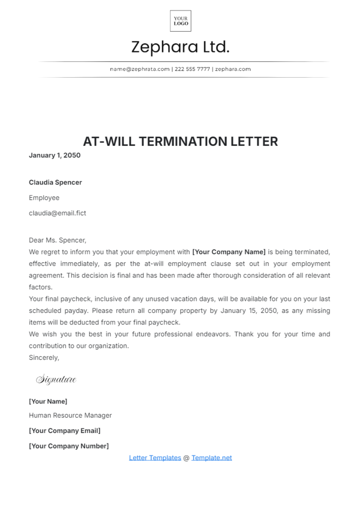 at-Will Termination Letter Template - Edit Online & Download