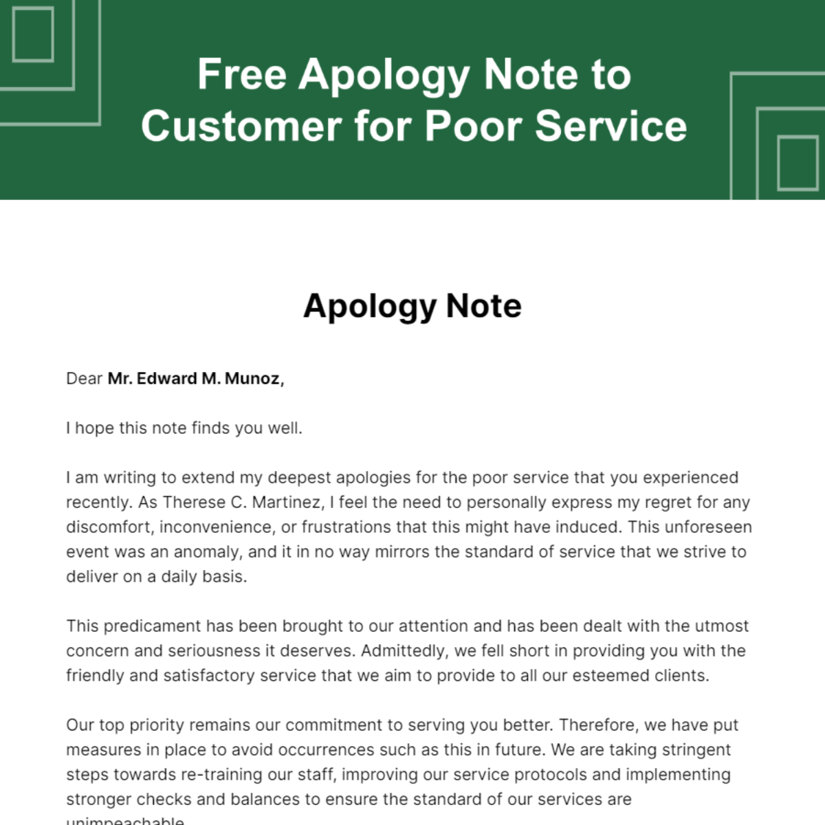 Apology Note to Customer for Poor Service Template