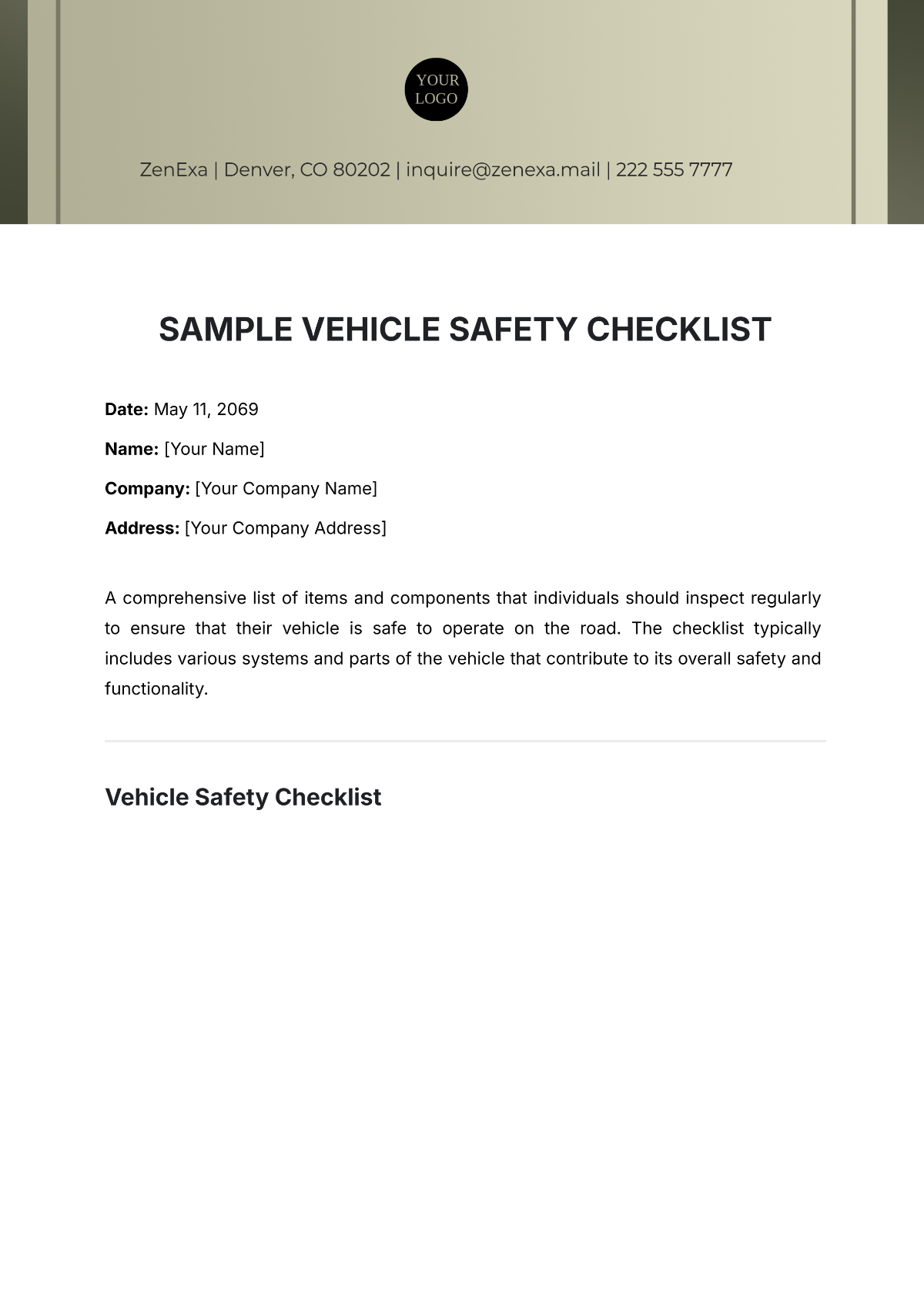 Sample Vehicle Safety Checklist Template - Edit Online & Download