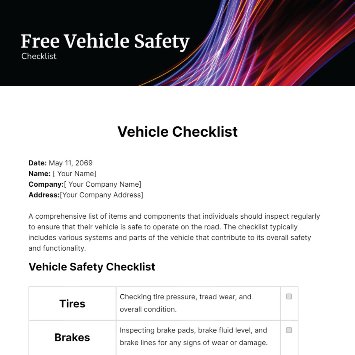 Vehicle Safety Checklist Template