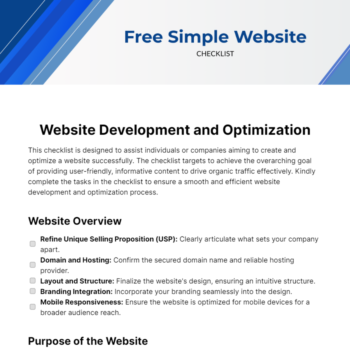 Free Simple Website Checklist Template