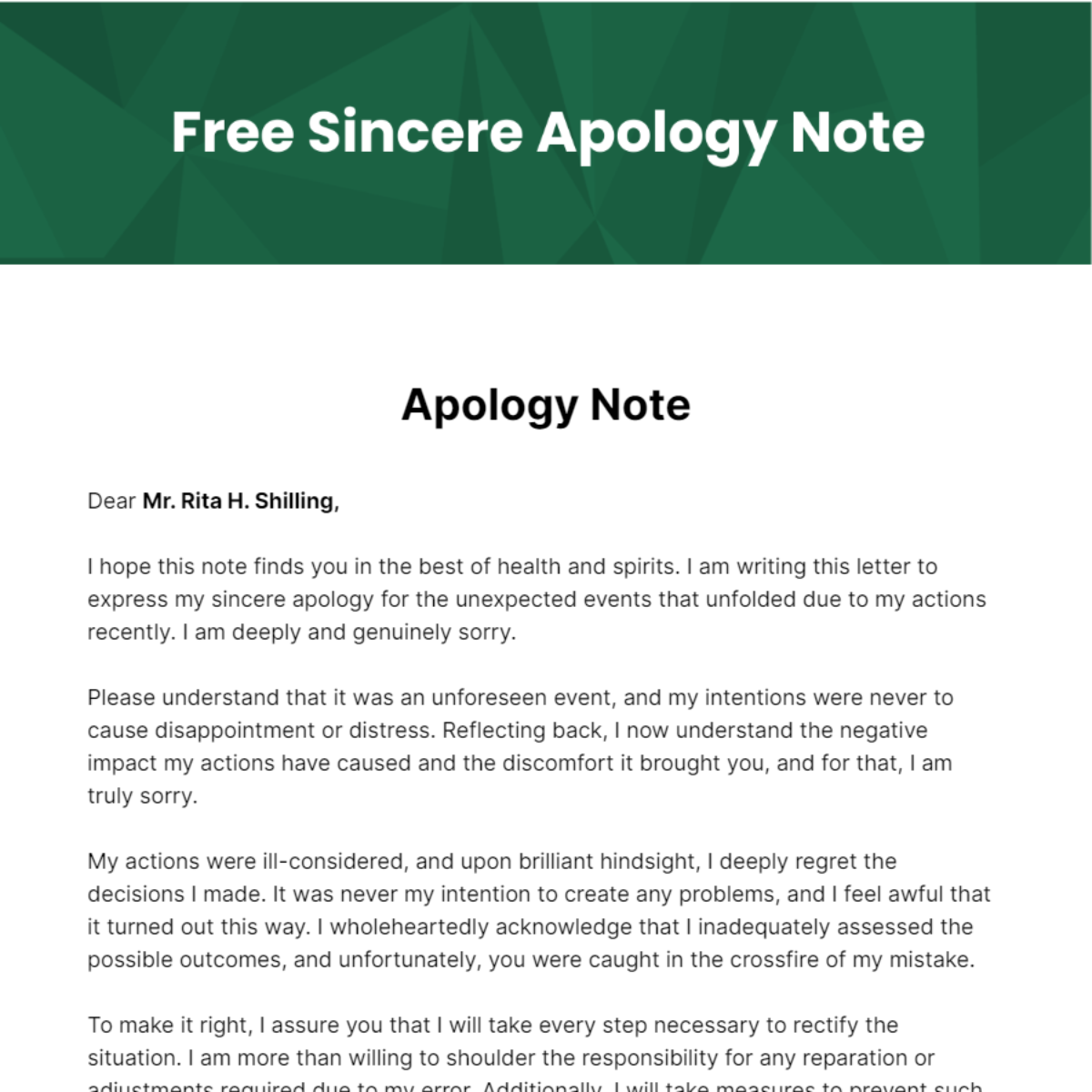 Sincere Apology Note Template