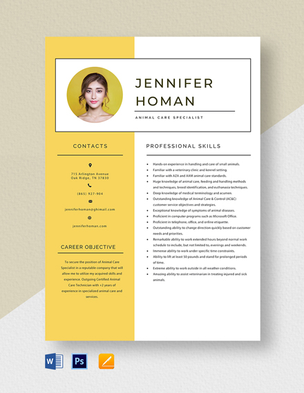 Animal Care Specialist Resume Template - Word, Apple Pages, PSD