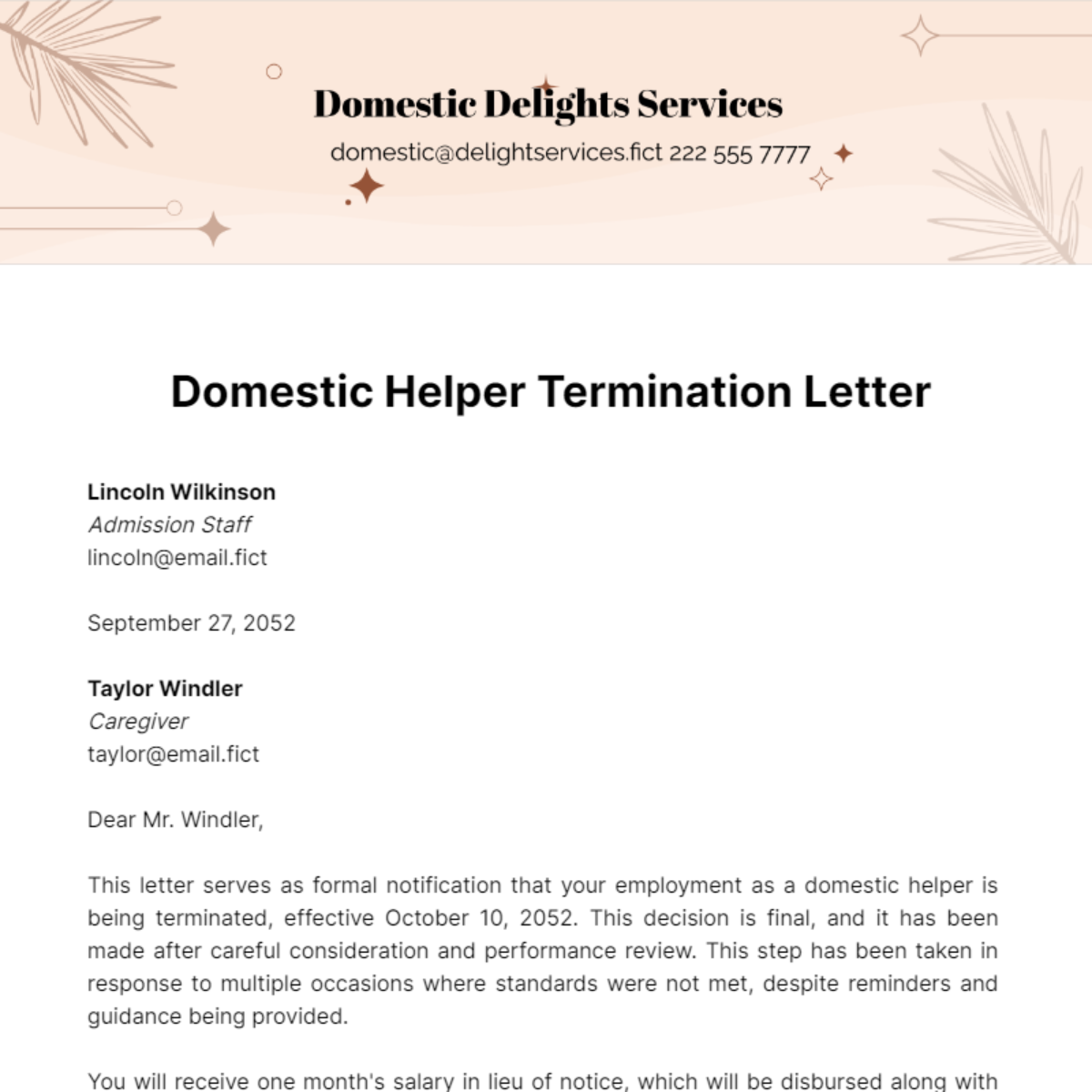 Domestic Helper Termination Letter Template