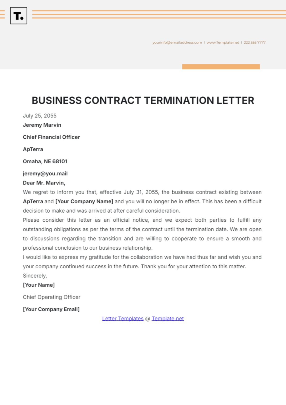 Business Contract Termination Letter Template - Edit Online & Download