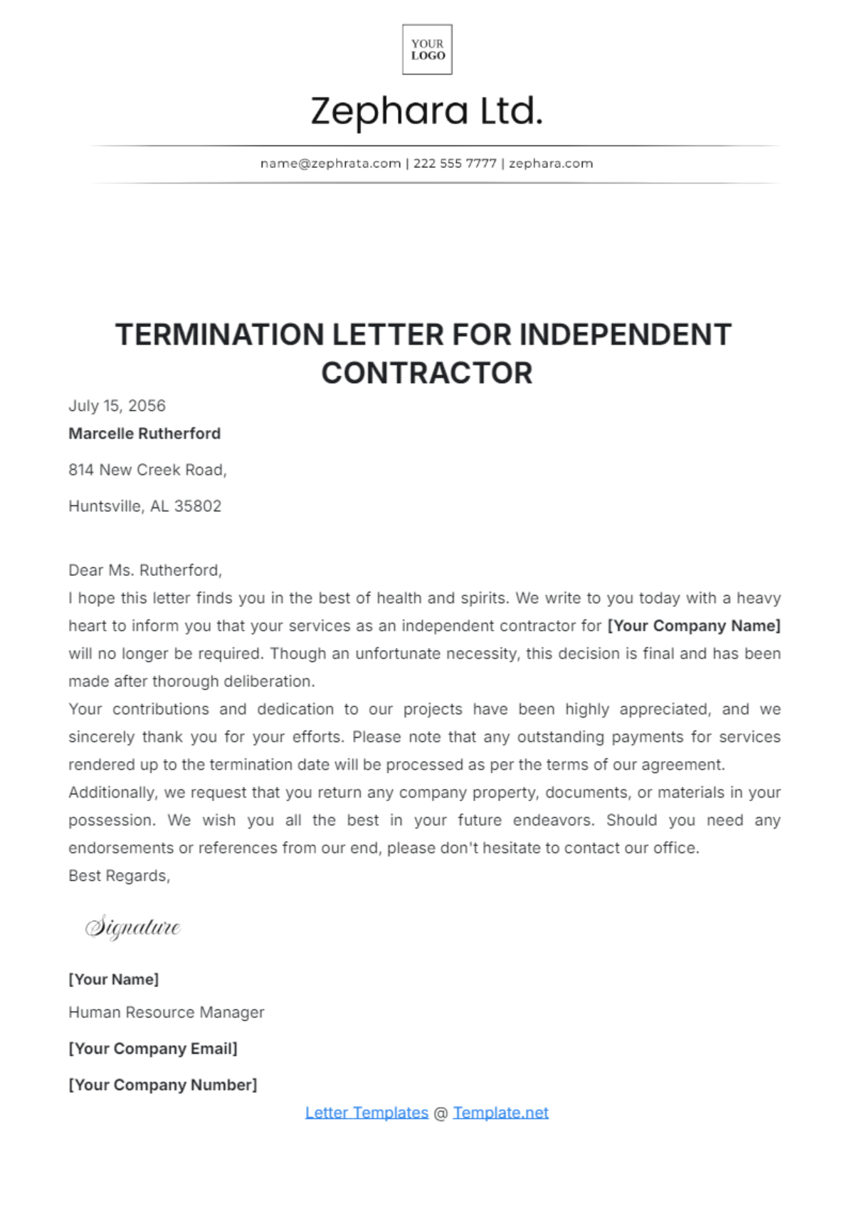 Termination Letter for Independent Contractor Template - Edit Online & Download