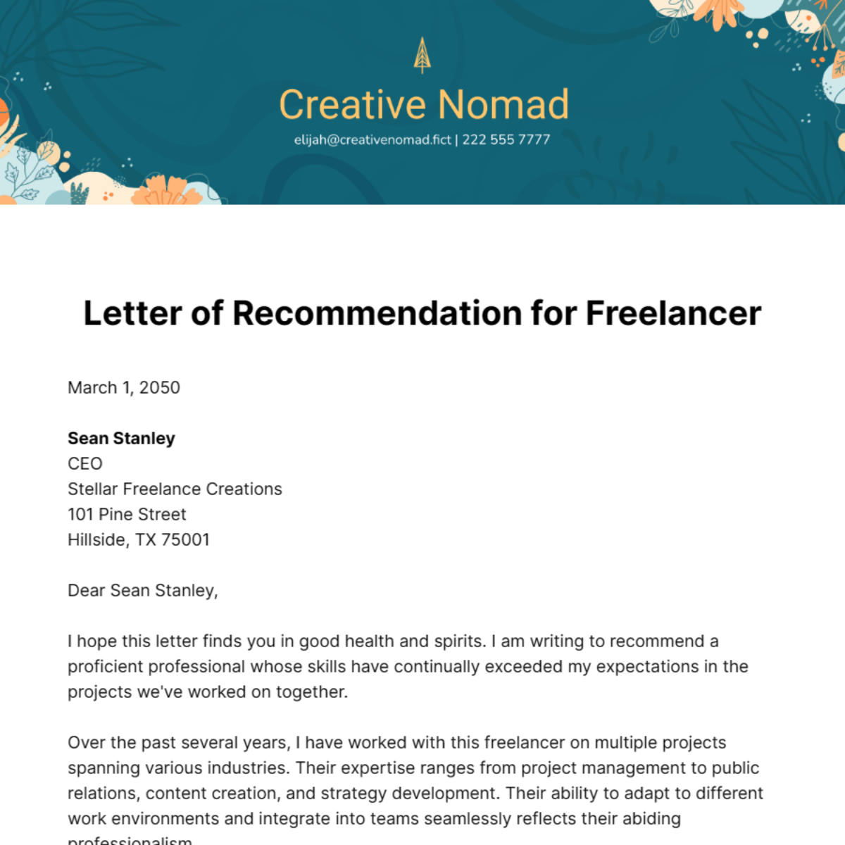 Letter of Recommendation for Freelancer Template