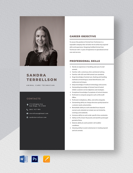 Animal Care Technician Resume Template - Word, Apple Pages, PSD