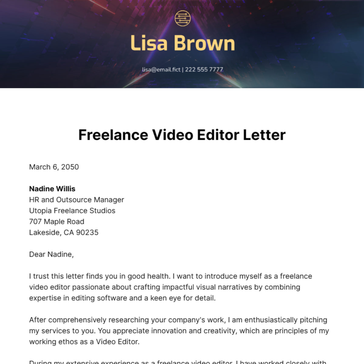Freelance Video Editor Letter Template