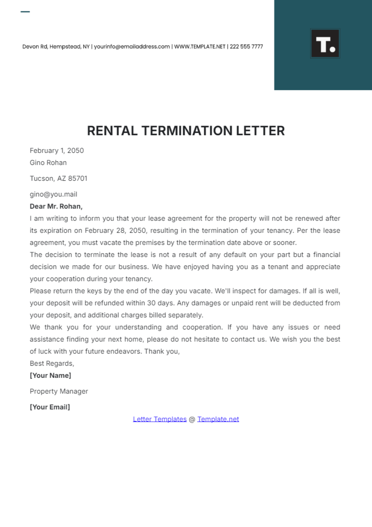 Rental Termination Letter Template - Edit Online & Download