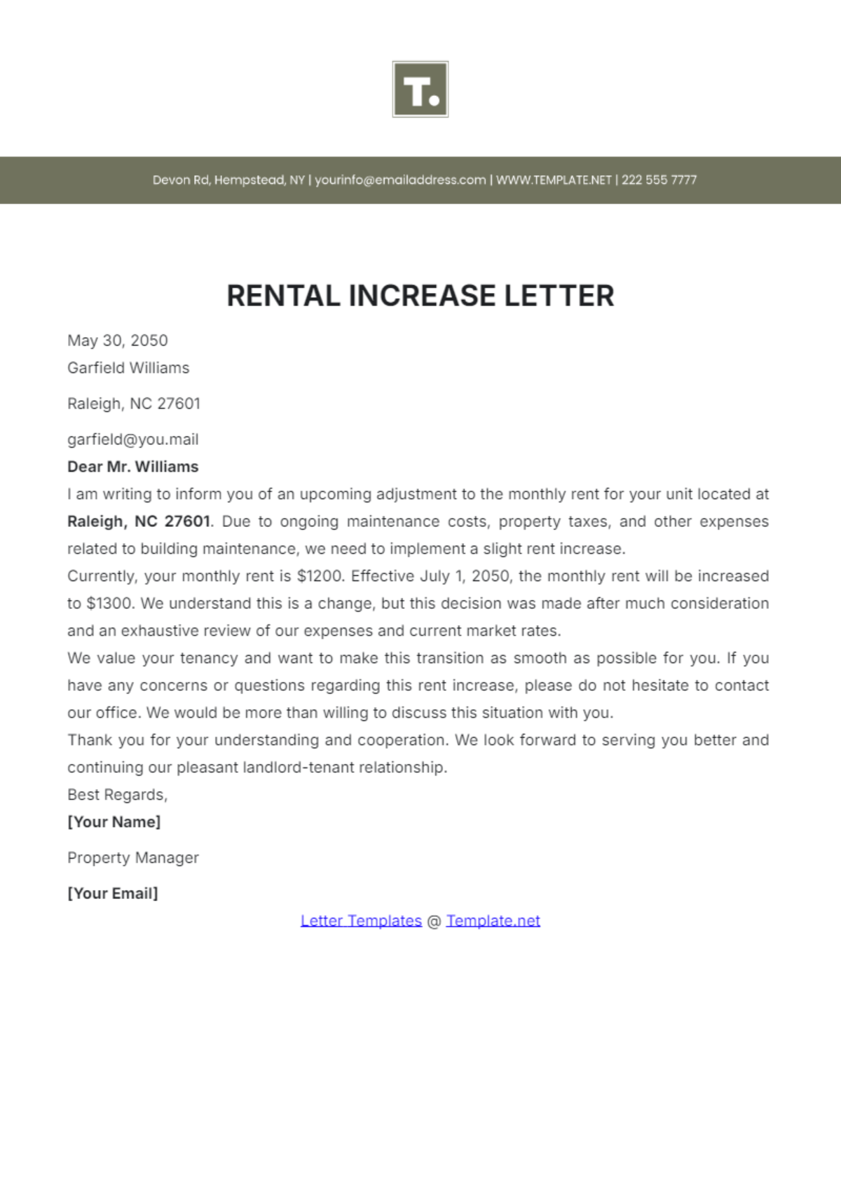 Rental Increase Letter Template - Edit Online & Download