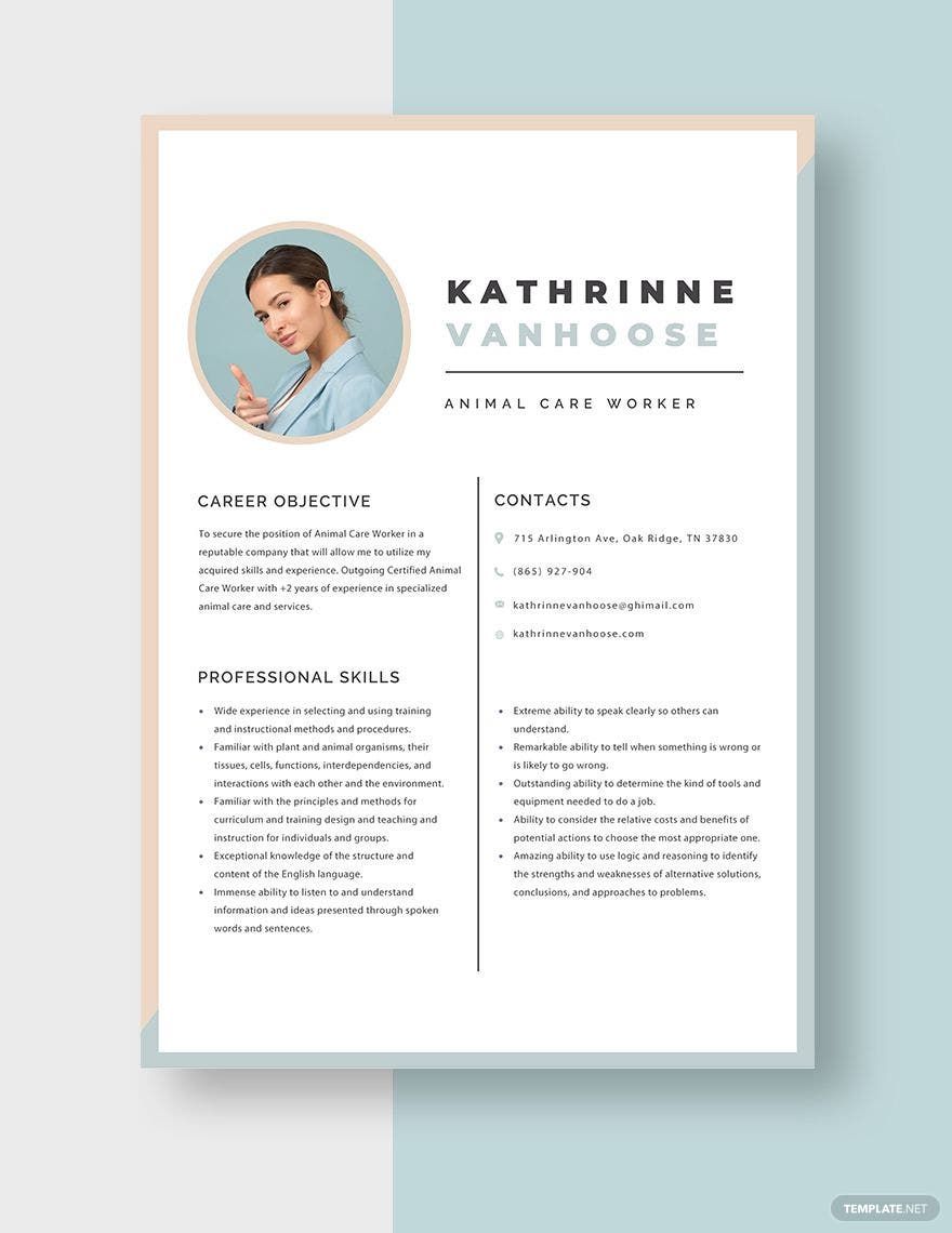 Animal Care Worker Resume Template