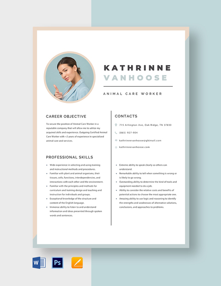 Animal Care Worker Resume Template - Word, Apple Pages, PSD