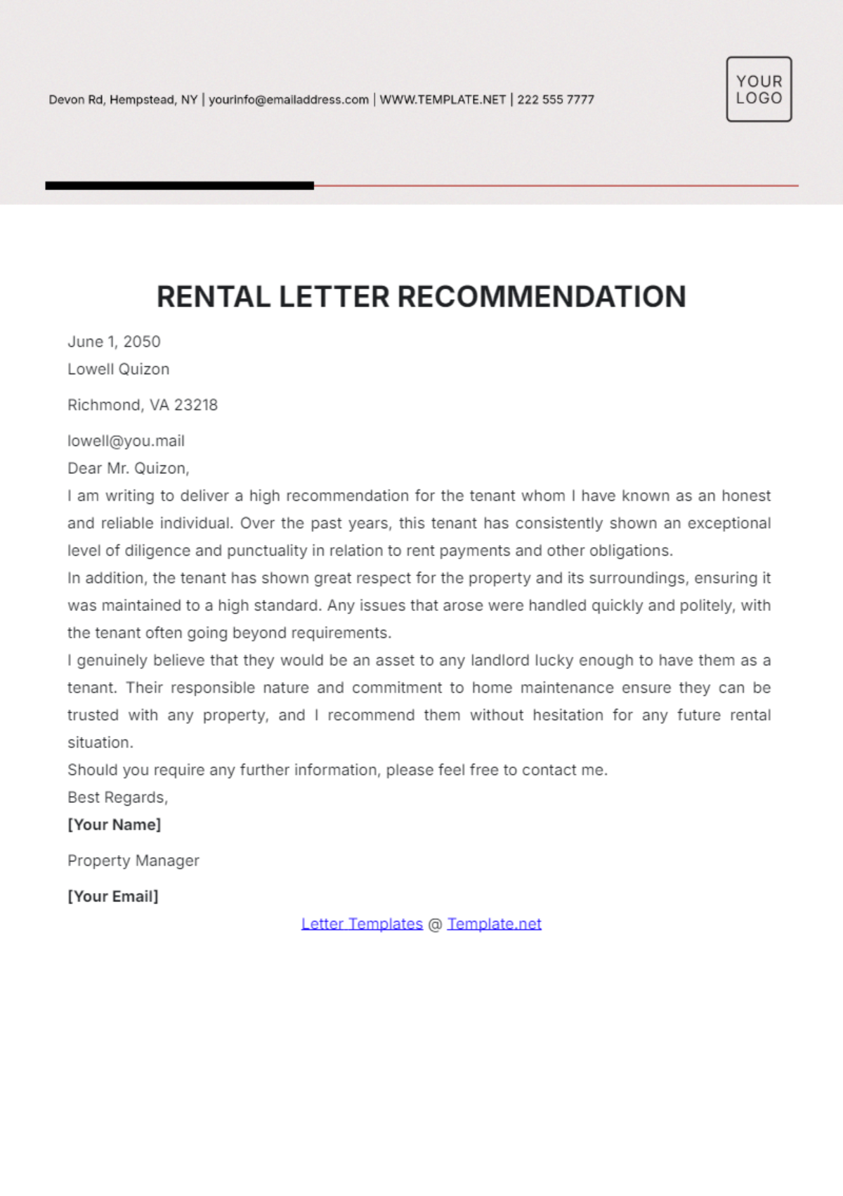 Rental Letter of Recommendation Template - Edit Online & Download