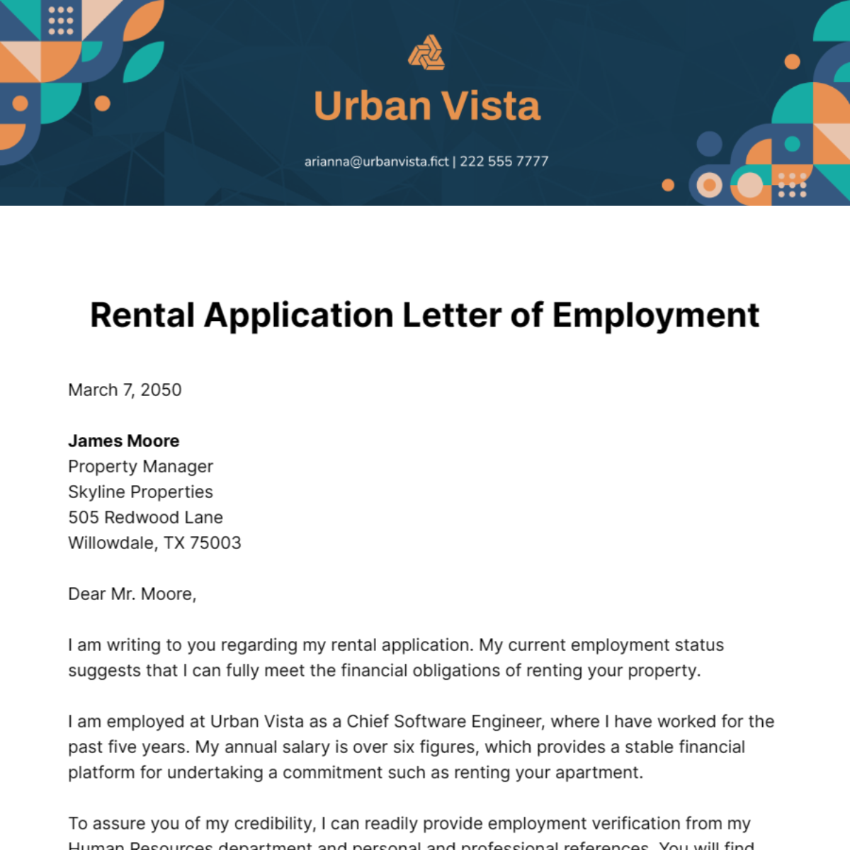 Rental Application Letter of Employment Template