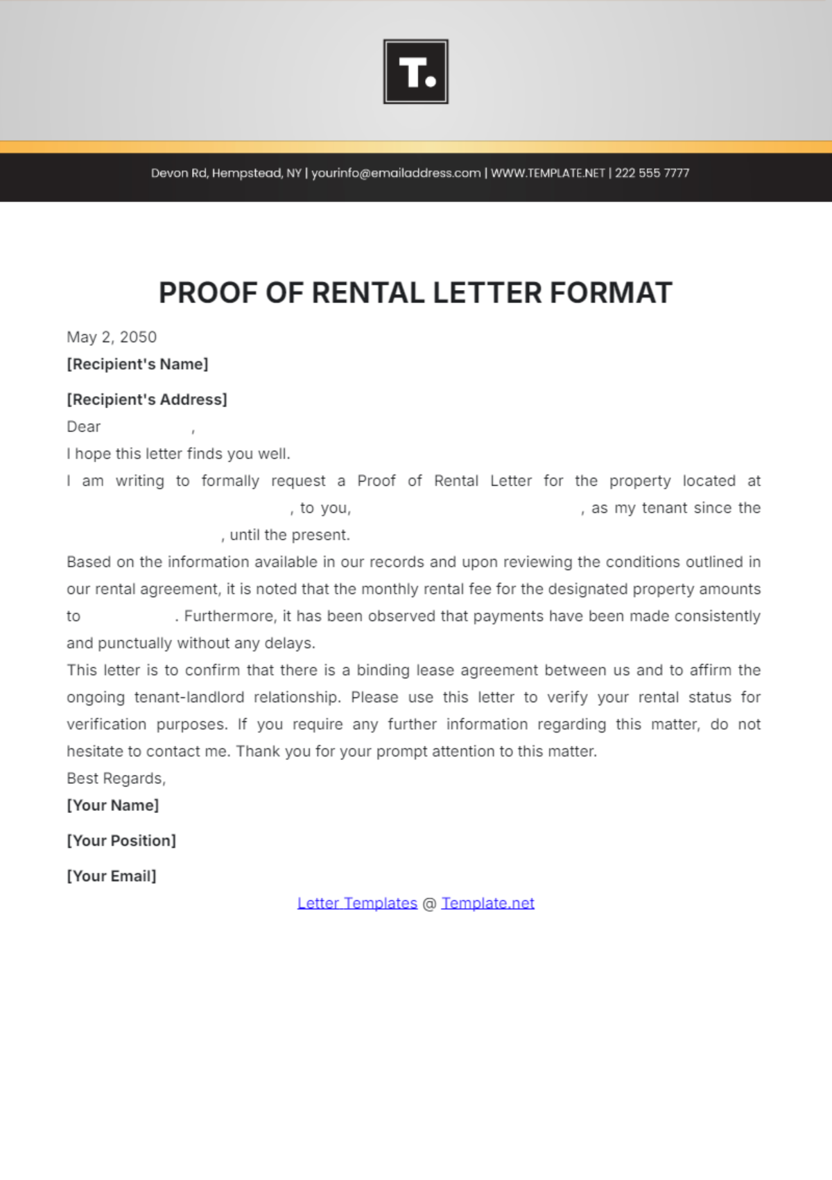 Proof of Rental Letter Format Template - Edit Online & Download