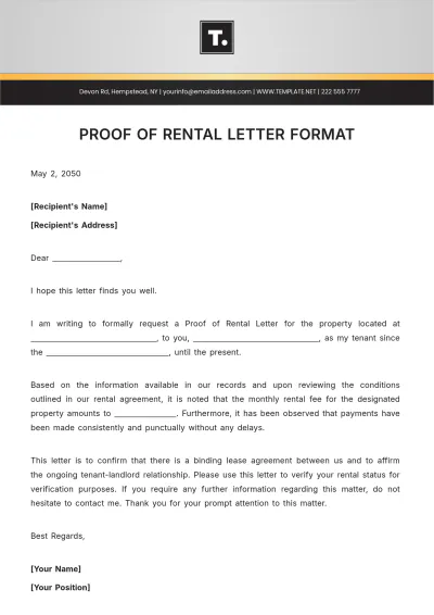 Free Proof of Rental Letter Format Template to Edit Online
