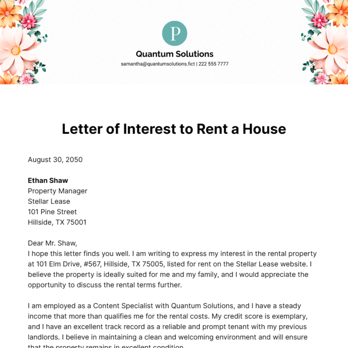 Letter of Interest to Rent a House Template