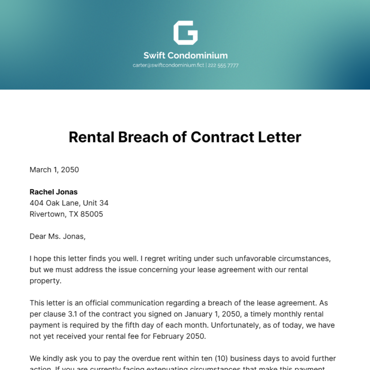 Rental Breach of Contract Letter Template