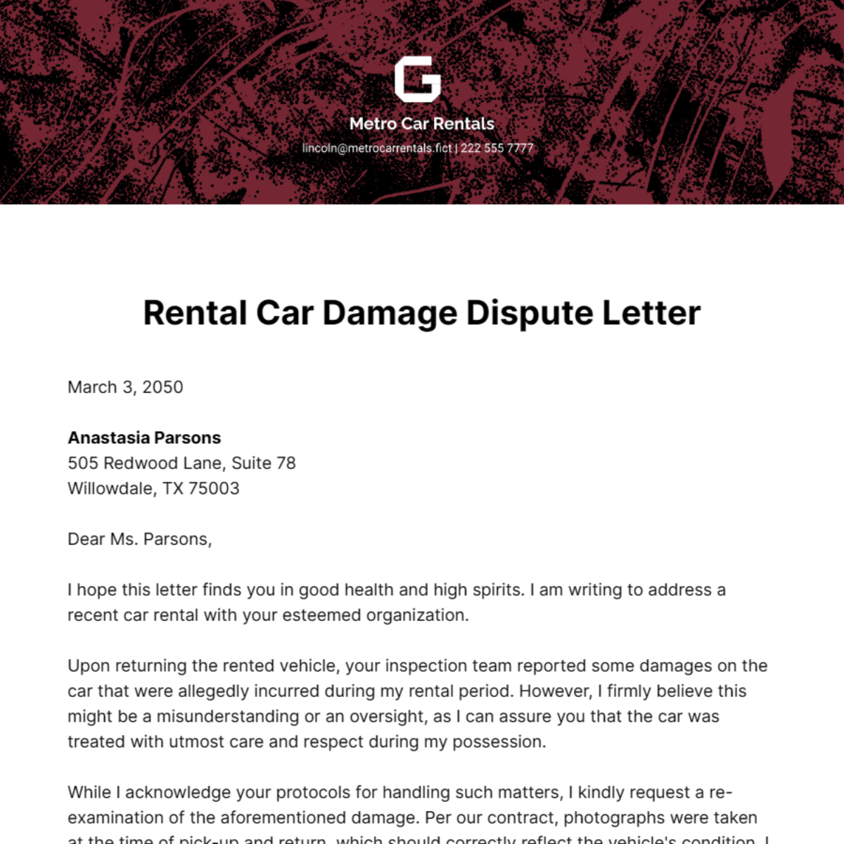 Rental Car Damage Dispute Letter Template