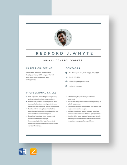 Free Animal Control Worker Resume Template - Word, Apple Pages