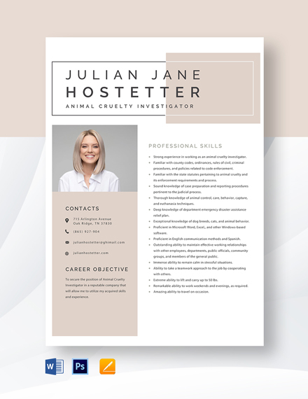 Free Animal Cruelty Investigator Resume Template - Word, Apple Pages