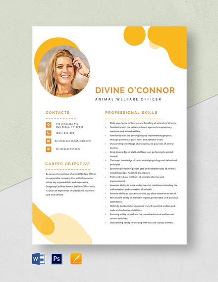Animal Welfare Officer Resume Template - Word, Apple Pages, PSD