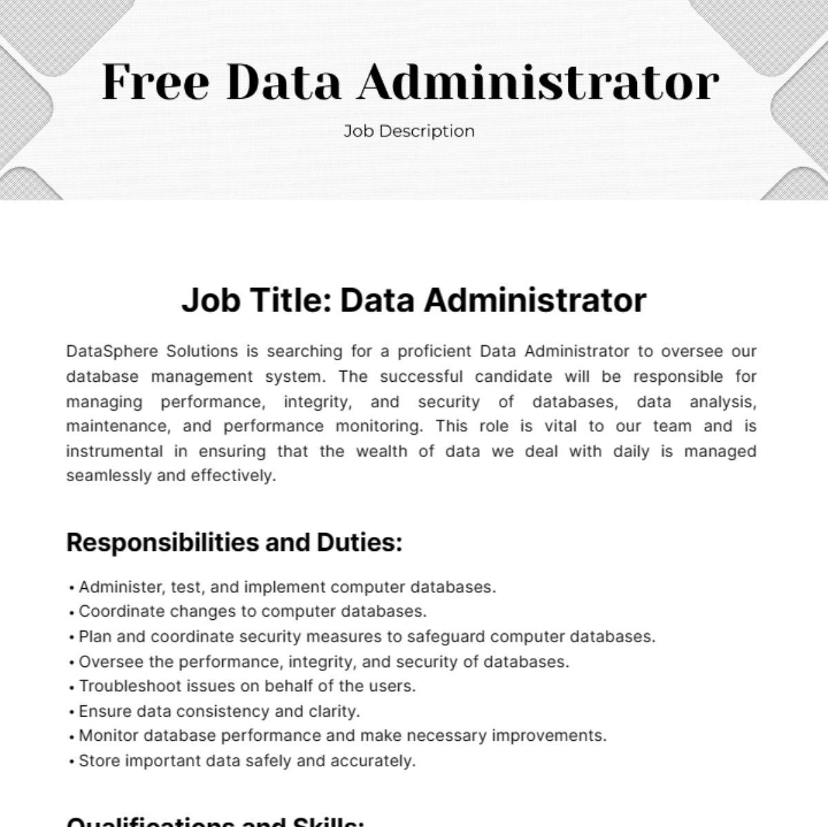 Free Data Administrator Job Description Template