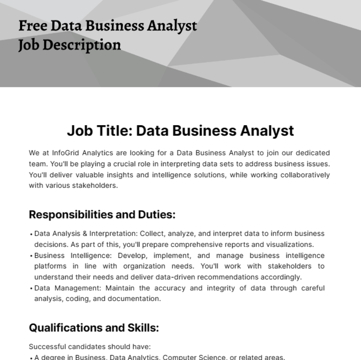 Data Business Analyst Job Description Template