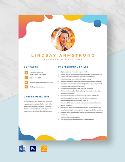 Animation Director Resume Template - Word, Apple Pages, PSD