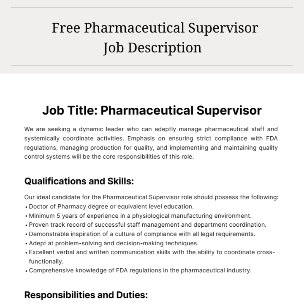 Free Pharmaceutical Supervisor Job Description Template
