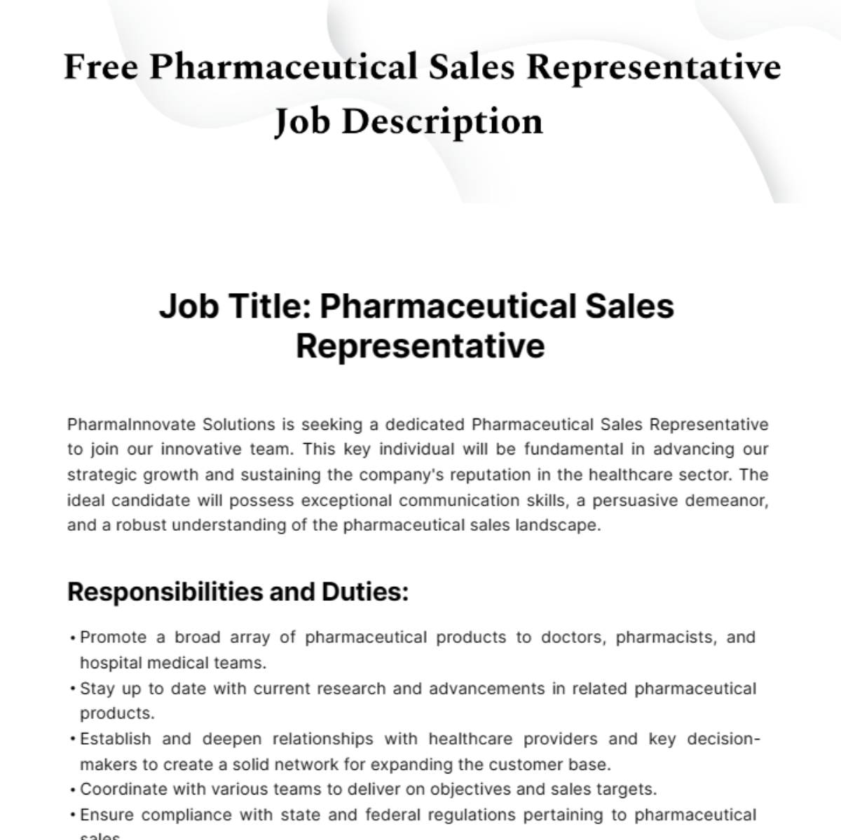 Free Pharmaceutical Sales Representative Job Description Template