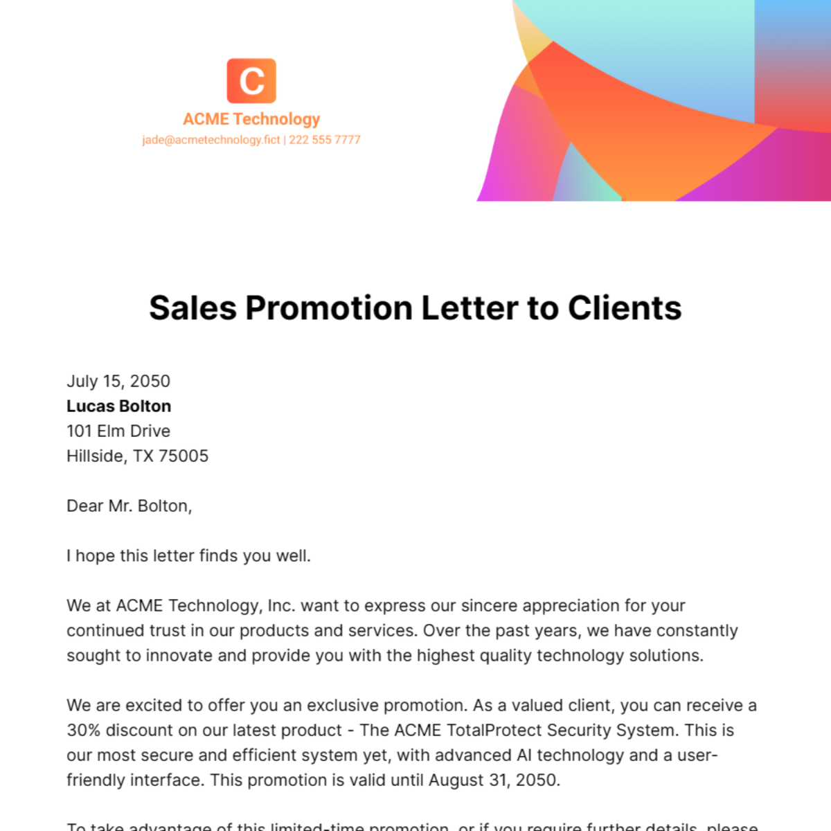 Sales Promotion Letter to Clients Template