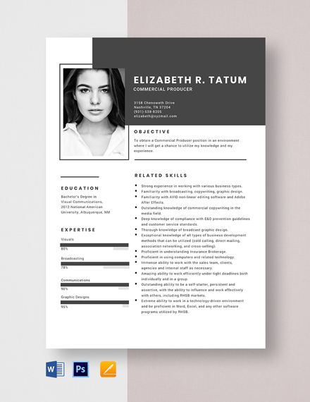 Commercial Producer Resume Template - Word, Apple Pages, PSD
