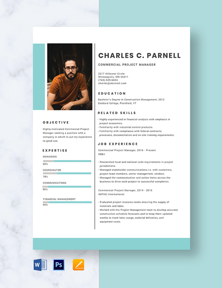 Commercial Project Manager Resume Template - Word, Apple Pages, PSD
