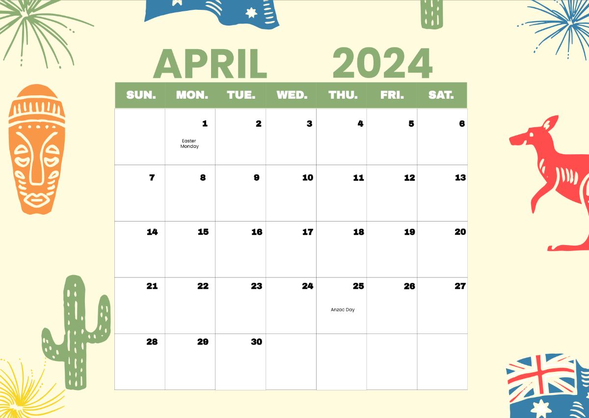 April 2024 Calendar with Holidays Australia Template