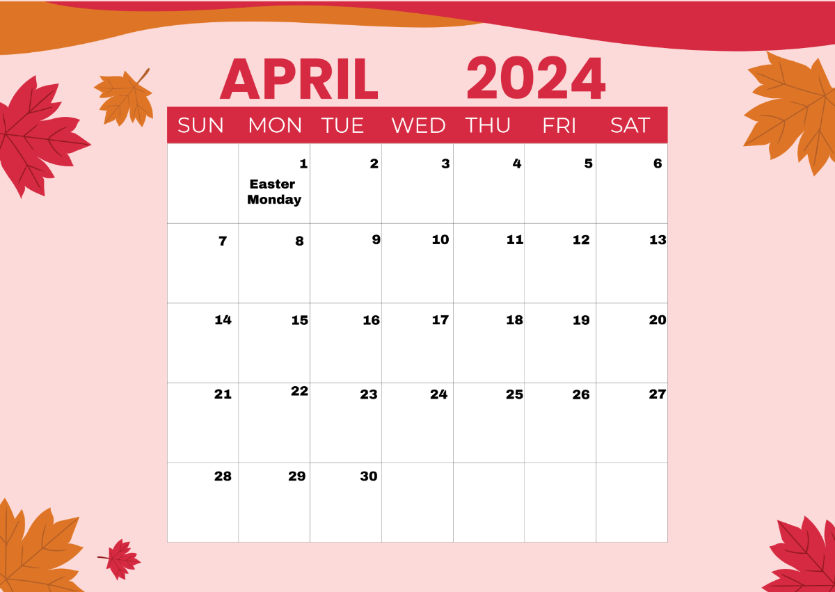 Canadian April 2024 Calendar Template