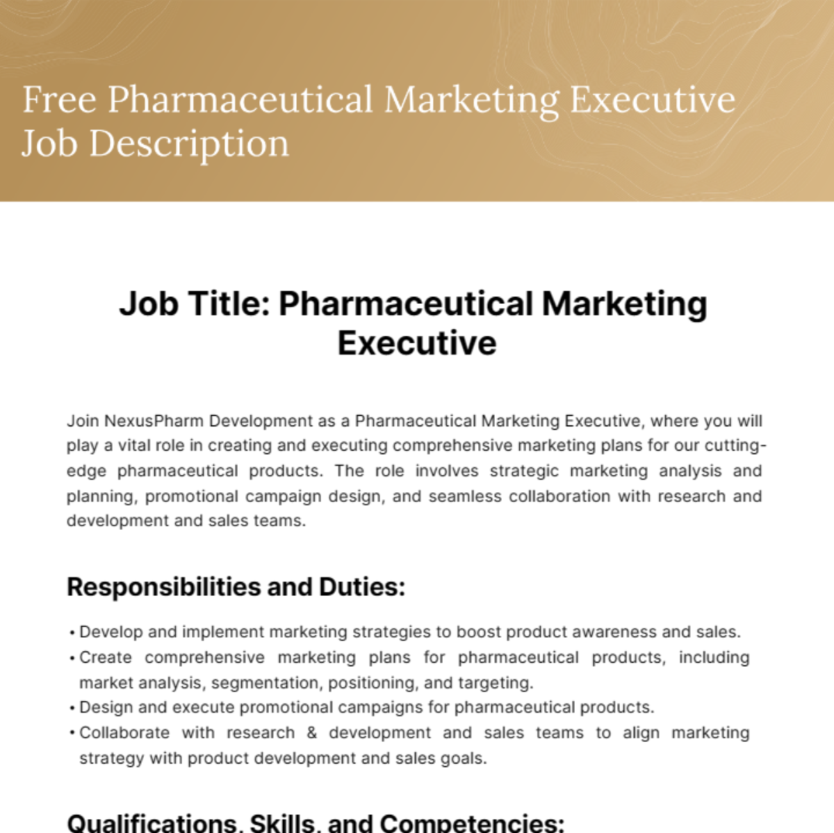 Pharmaceutical Marketing Executive Job Description Template