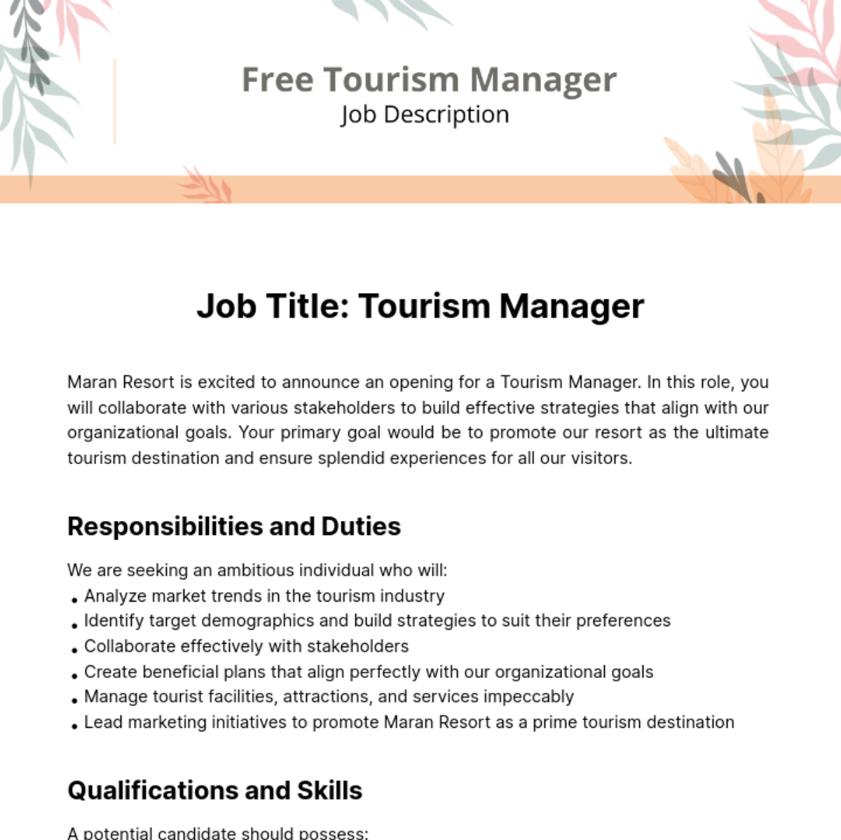 Tourism Manager Job Description Template