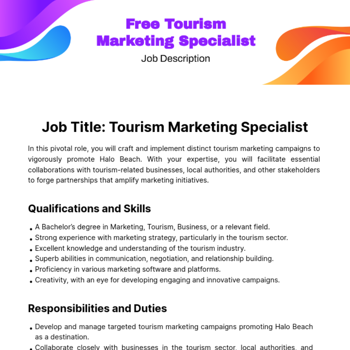 Tourism Marketing Specialist Job Description Template
