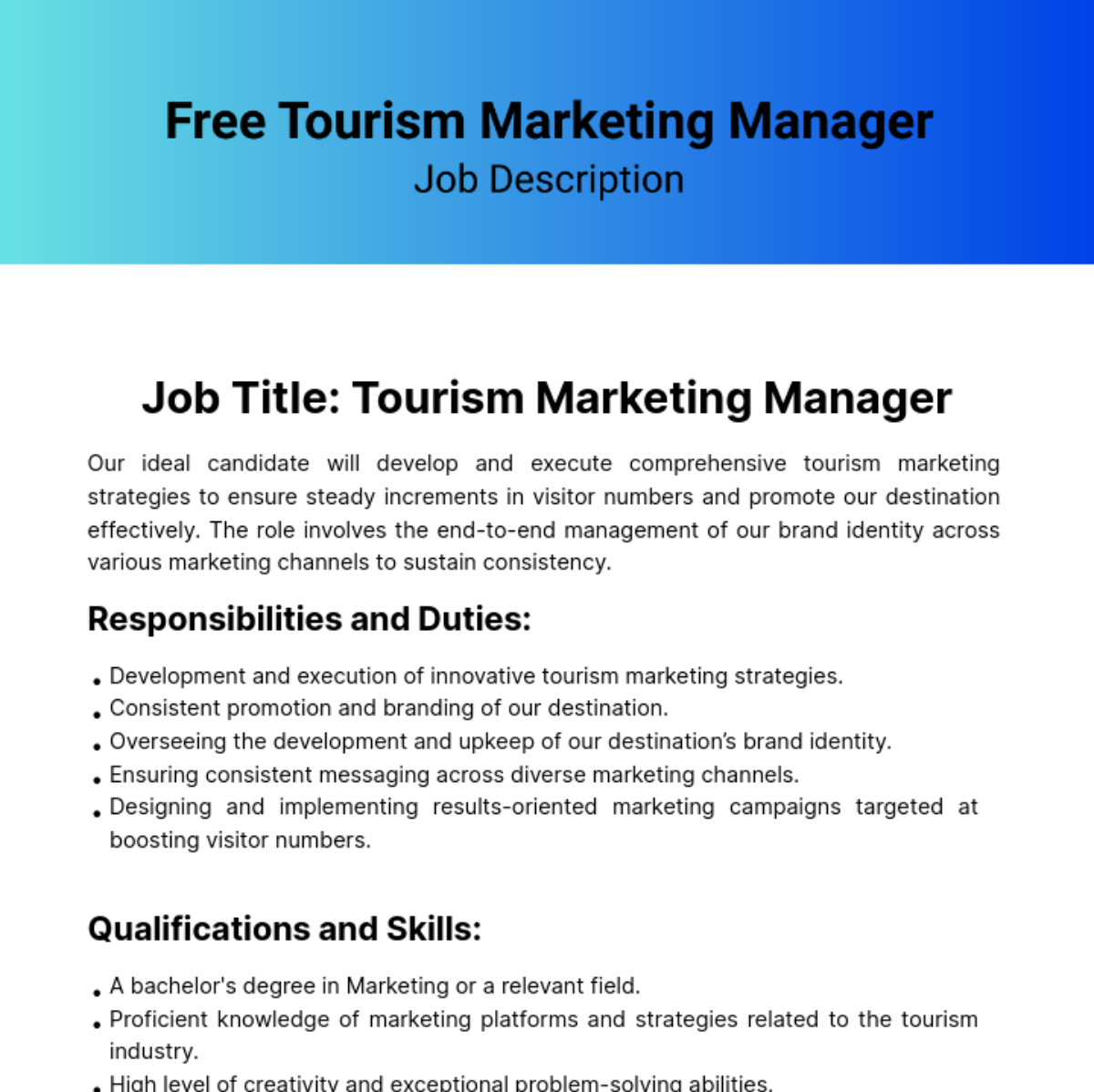 Tourism Marketing Manager Job Description Template