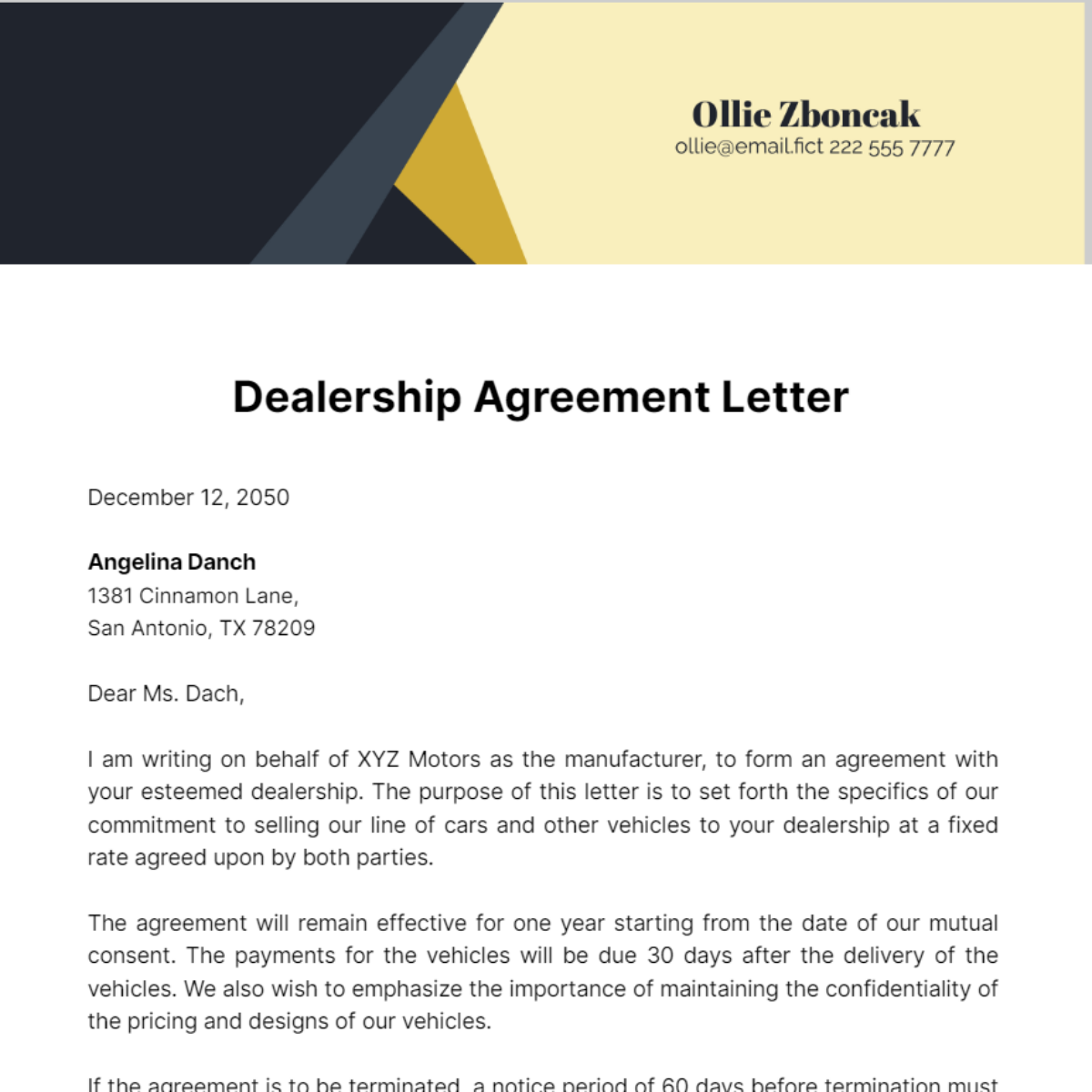 Dealership Agreement Letter Template