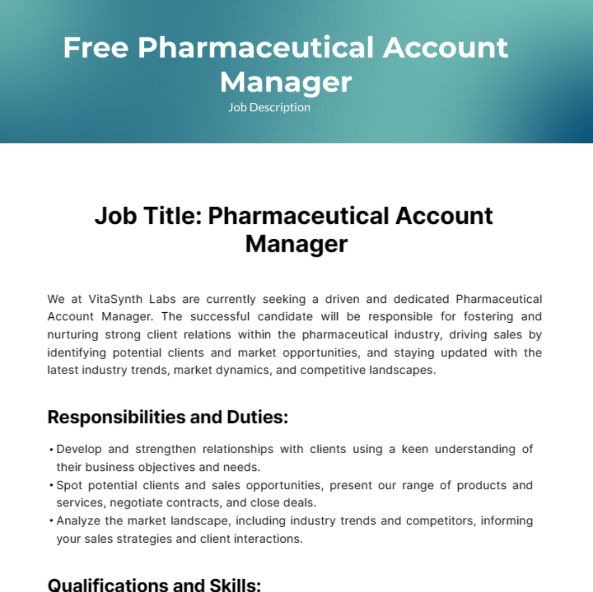 Free Pharmaceutical Account Manager Job Description Template