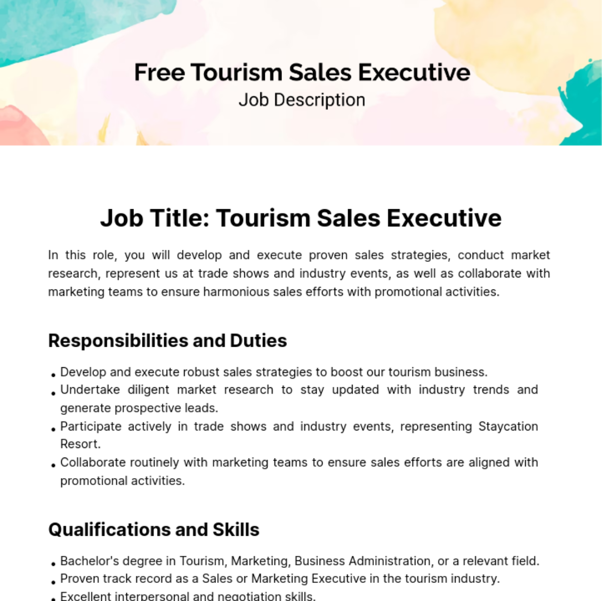 Tourism Sales Executive Job Description Template