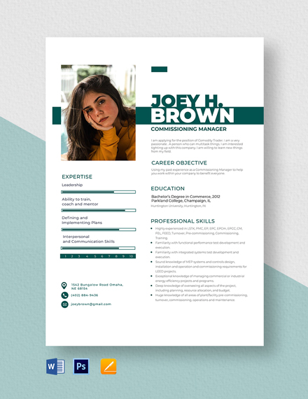 Commissioning Manager Resume Template - Word, Apple Pages, PSD