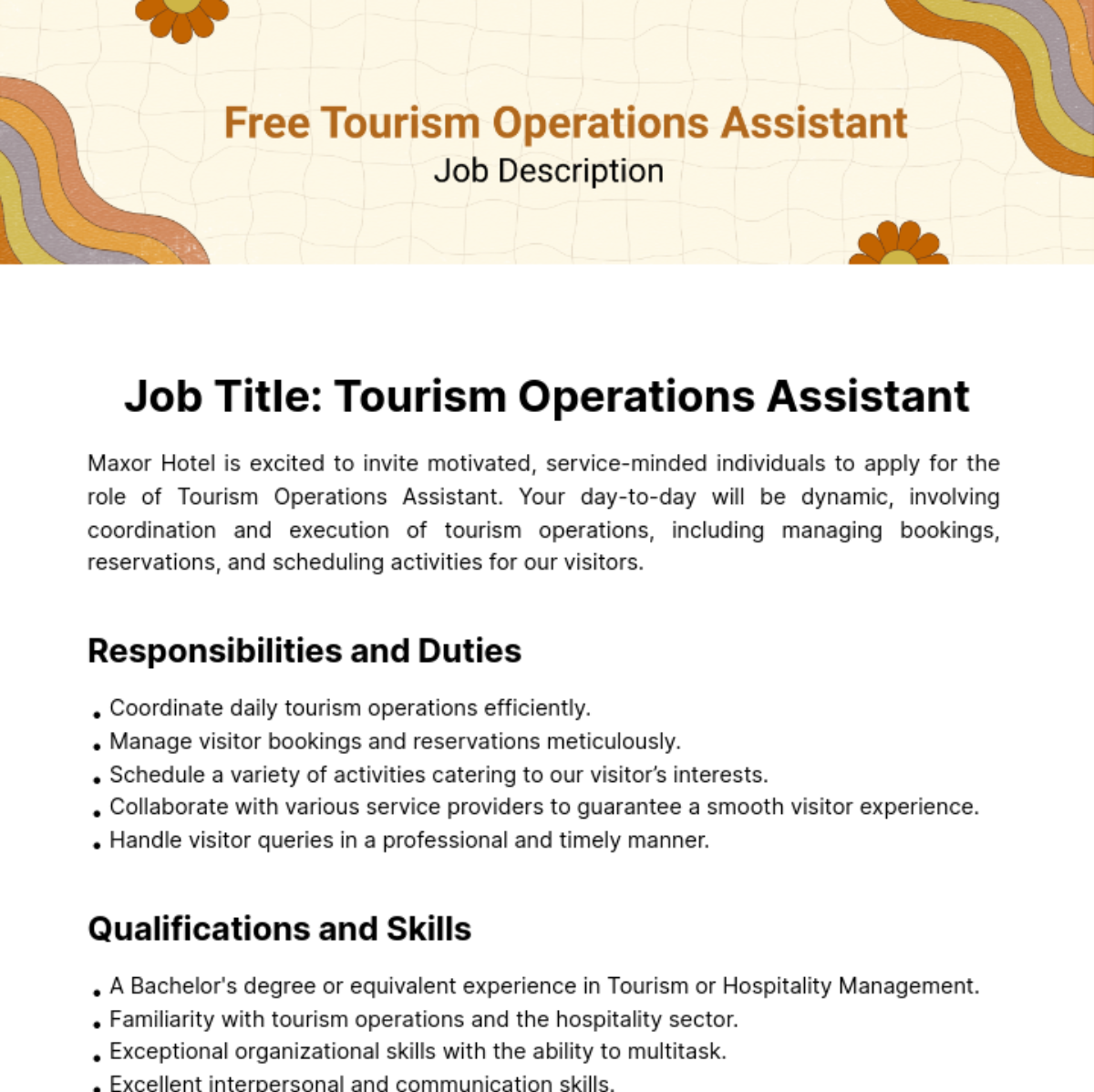 Tourism Operations Assistant Job Description Template