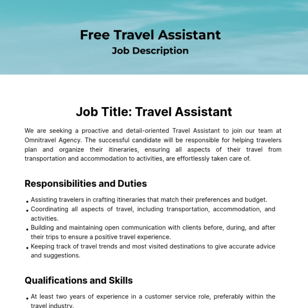 Free Travel Assistant Job Description Template