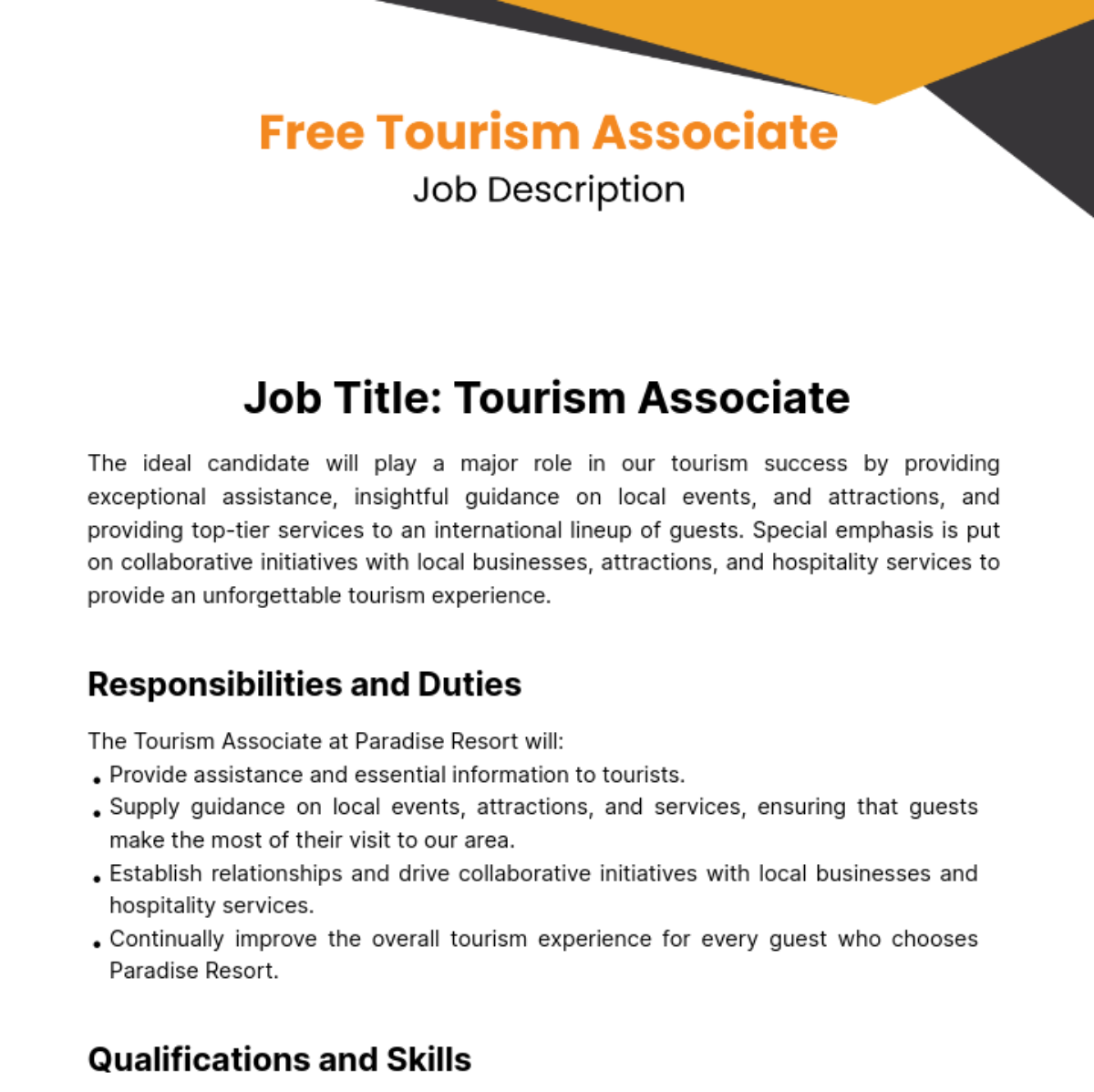 Tourism Associate Job Description Template