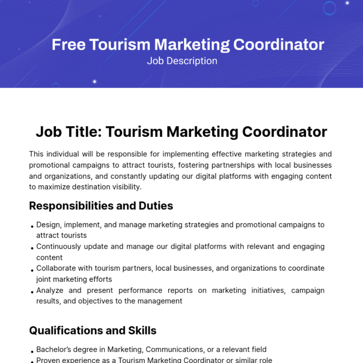 Free Tourism Marketing Coordinator Job Description Template