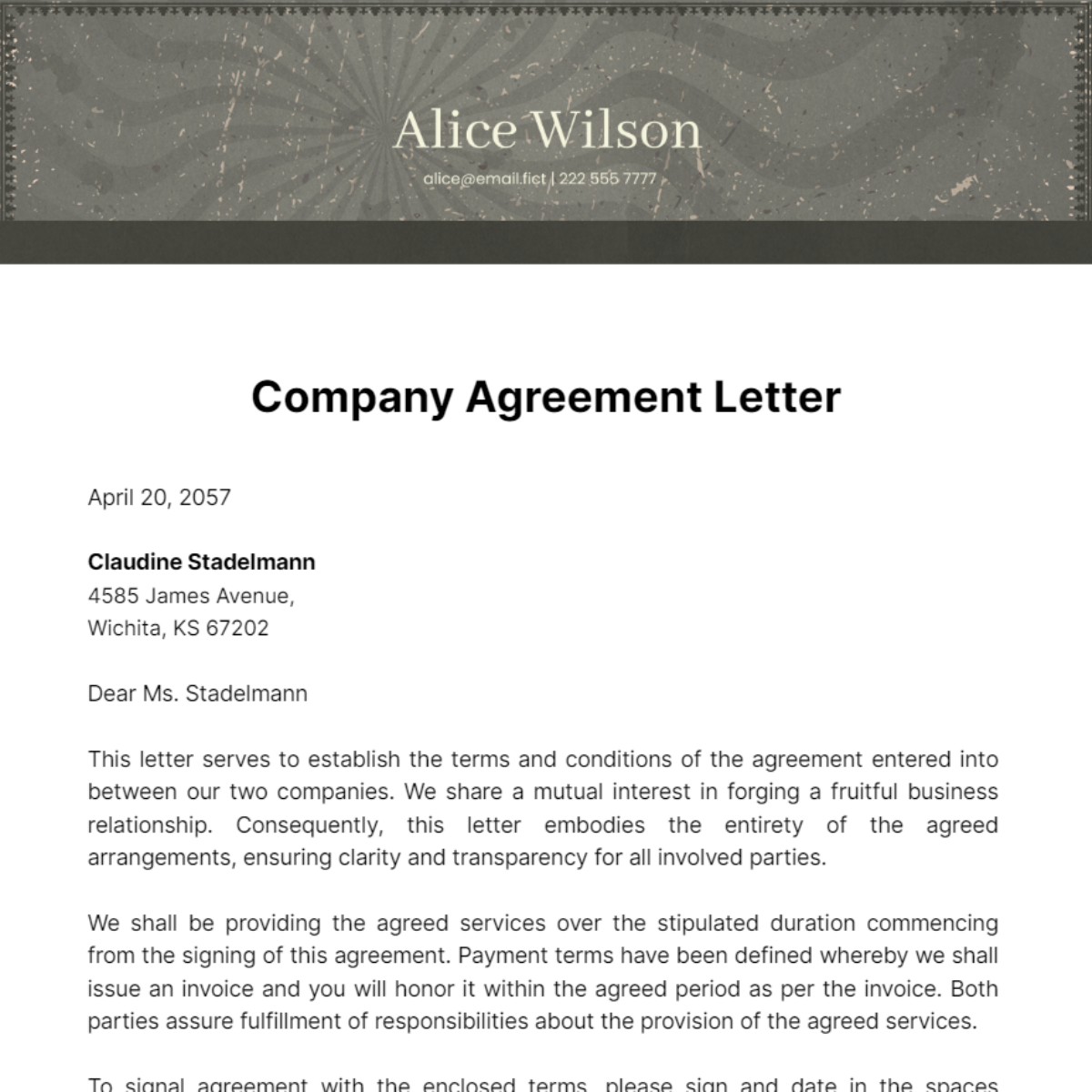 Free Company Agreement Letter Template